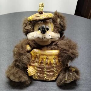Orzek 1997 Plush Bear Honey Pot Basket Straw Hat  Honeycomb Honeybee Bears VTG